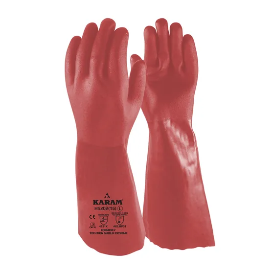 Karam PVC Coated Chemical Gauntlet Gloves, Cotton Interlock Liner