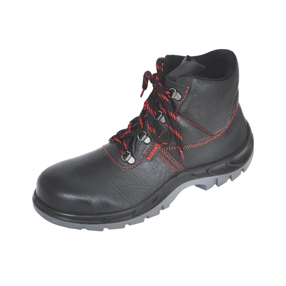 Karam FS21 Workman Ankle Black Leather Safety Shoes, Red Stitched